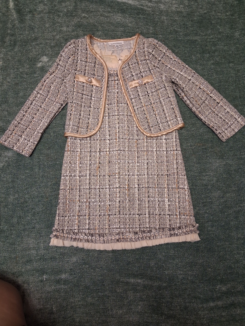 Beige Tweed Jacket & Dress Set with Gold Trim